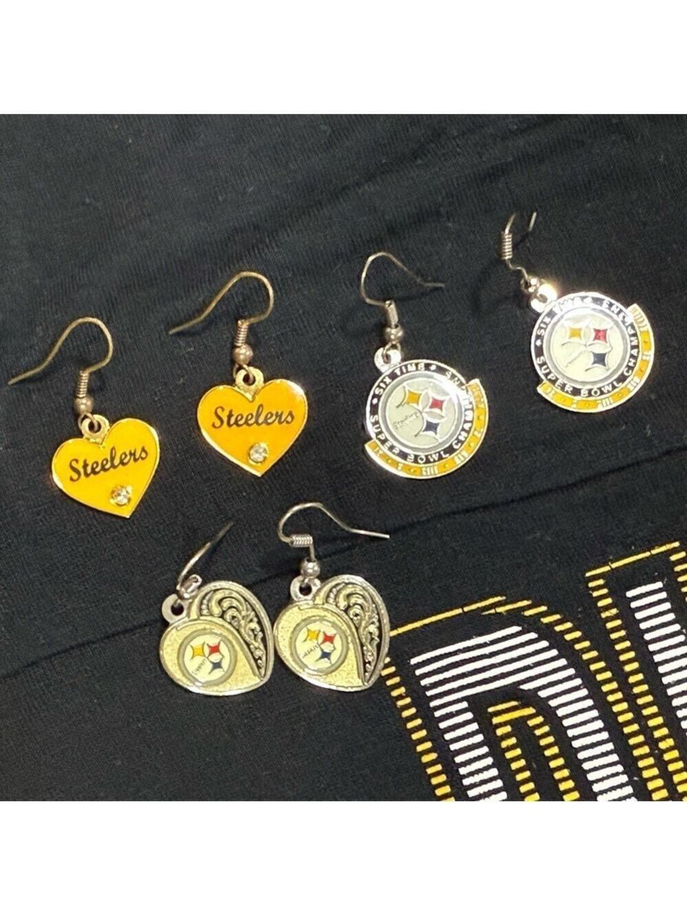 Pittsburgh Steelers Shirt/3 pair Earrings/Super Bowl 6 Charms Bracelet